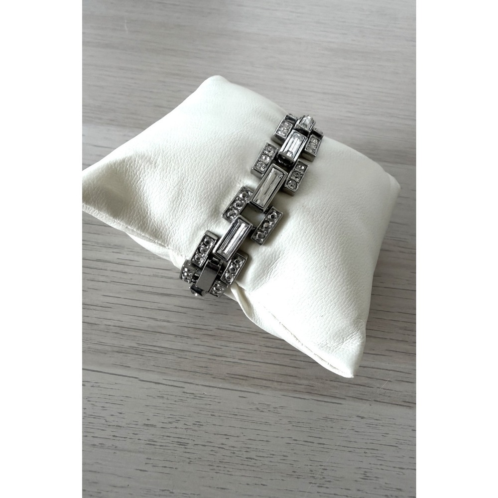 Silver Tone Geometric Crystal Link Bracelet Baguette Round Rhinestone Art Deco - Picture 2 of 3